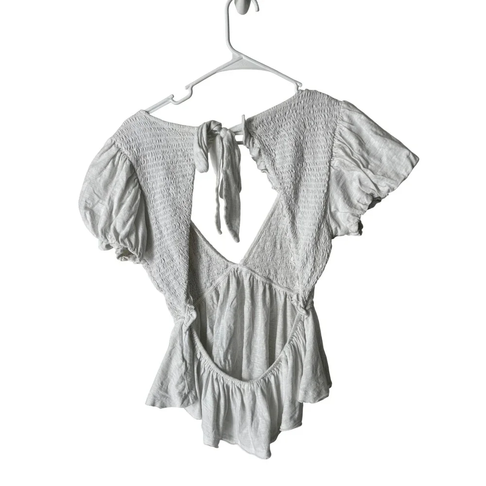 Free People White Smocked Open Back Peplum Top OB1635188 Mediu Short Puff Sleeve